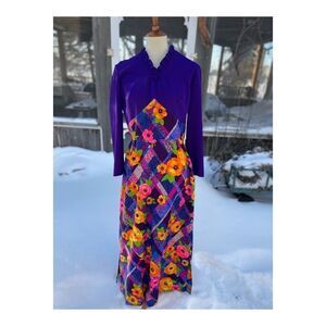 Vintage 60s Groovy Maxi Dress Royal Purple Floral Long Sleeves Hippy Ruffles